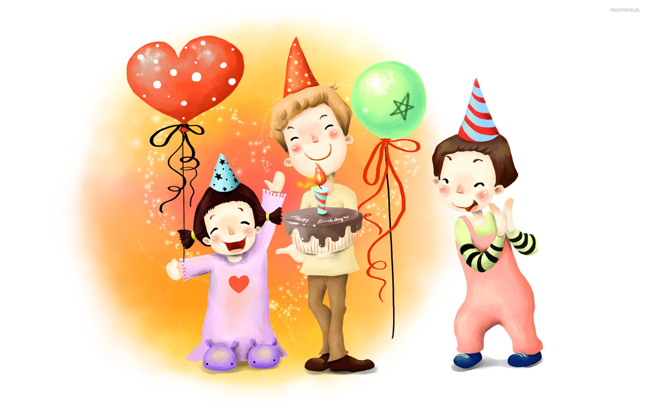 Urodziny, Happy Birthday 011 Cartoon, Dzieci, Balony, Tort