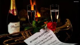 Walentynki, Valentine Day 1920x1080 079 Szampan, Kieliszki, Roza, Nuty, Instrument