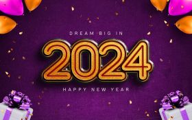 Sylwester, Nowy Rok, New Year 1207 Happy New Year 2024, Vector, Fiolet, Prezenty