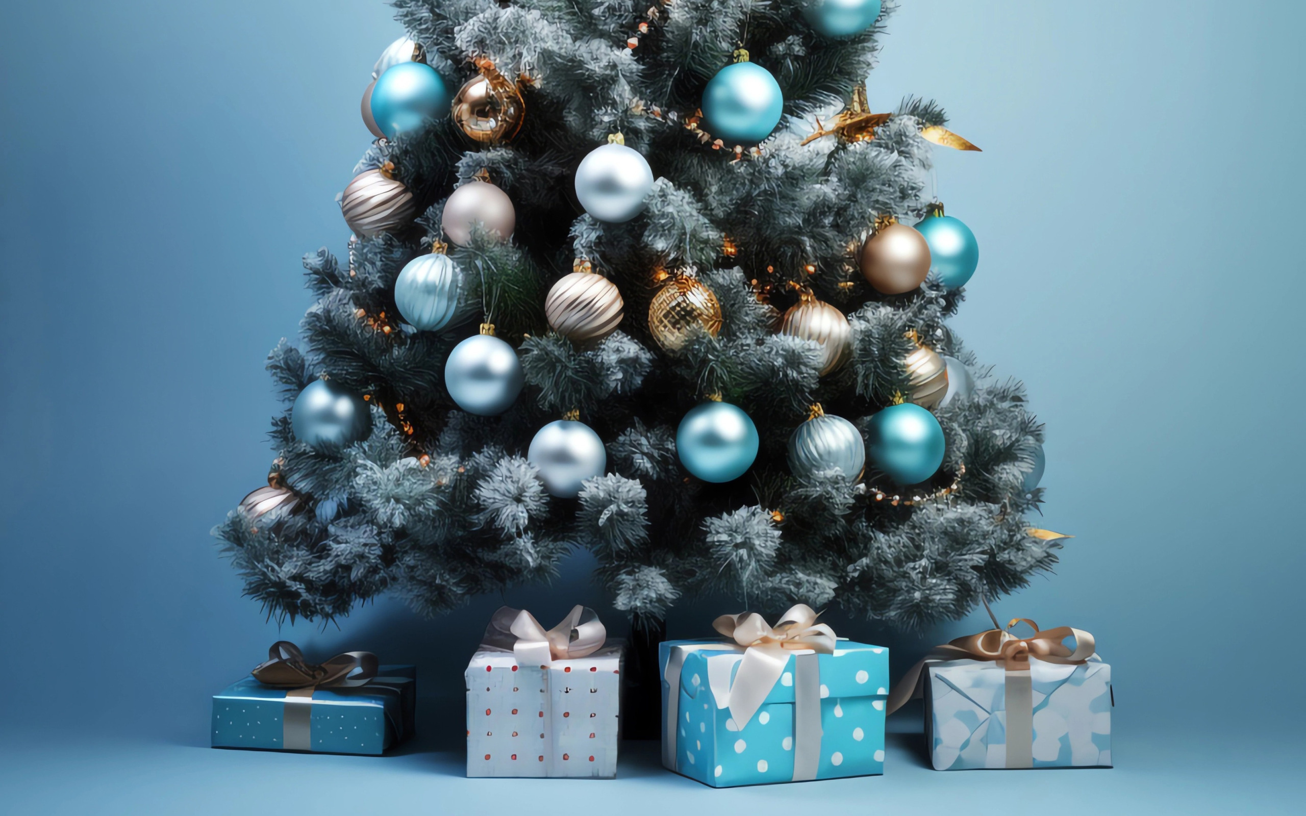 Swieta, Boze Narodzenie, Christmas 2242 Prezenty, Choinka, Bombki, Niebieski i Zloty Kolor