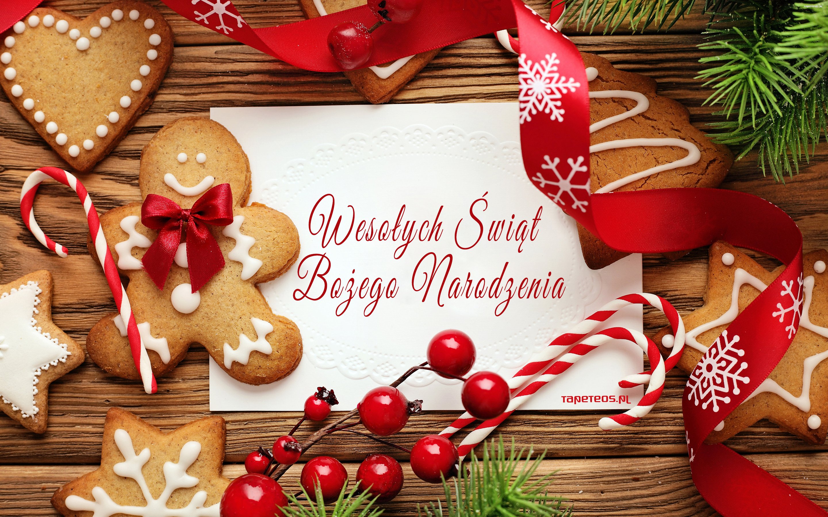 Wesolych Swiat Bozego Narodzenia, Kartka, Zyczenia, Swieta, Pierniki, Jagody, Dekoracje - Tapety na pulpit