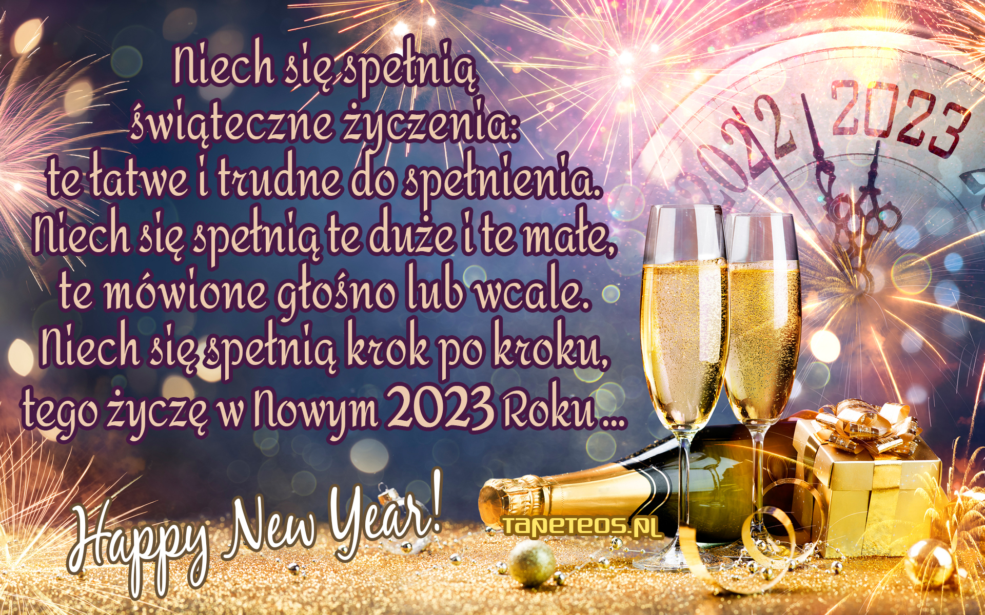 Sylwester, Nowy Rok, New Year 1177 Zyczenia, 2023 Rok, Zegar, Szampan, Niech sie spelnia ...