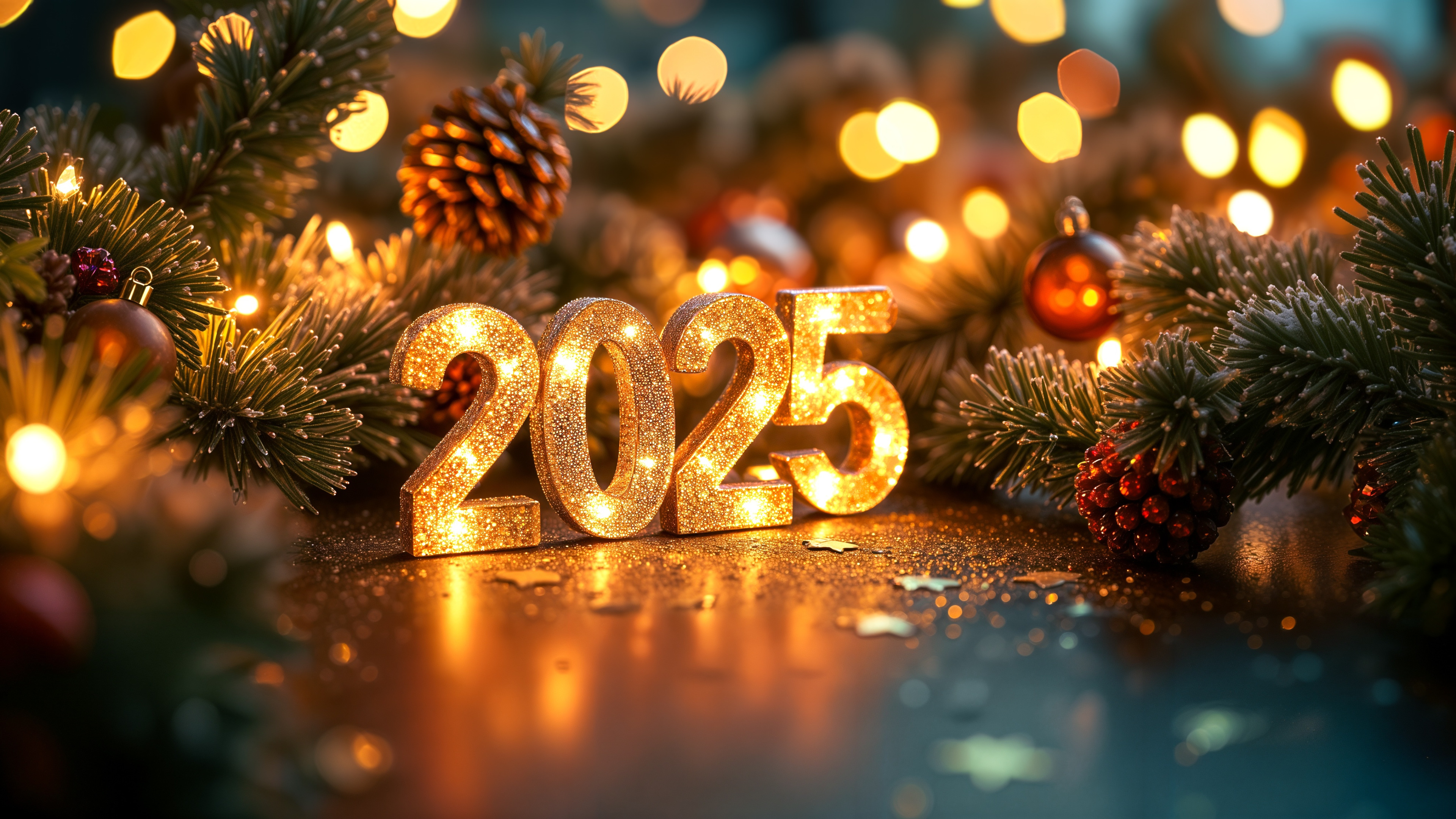 Sylwester, Nowy Rok, New Year 1310 2025, Swierk, Bombki, Lampki, Szyszki