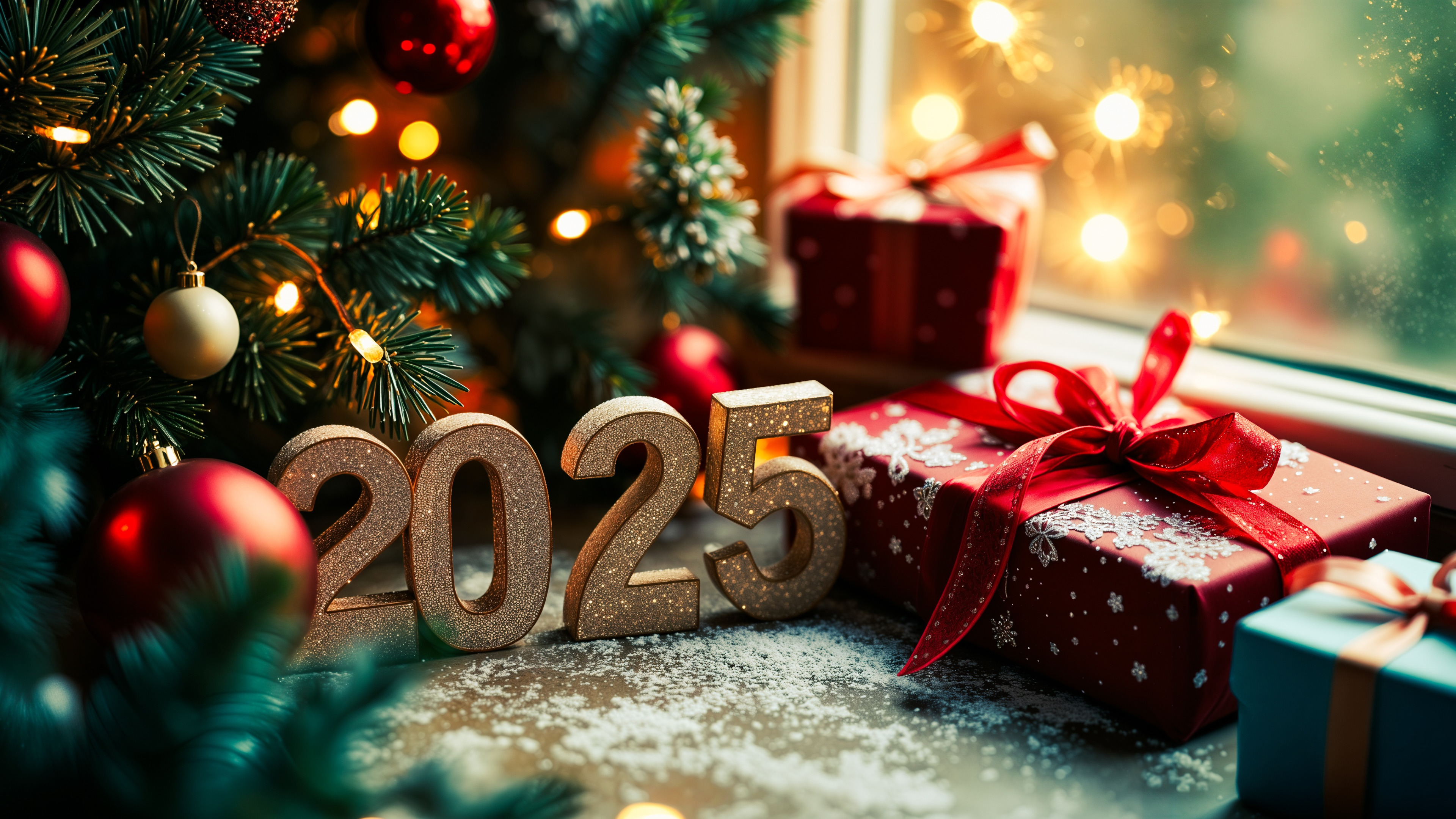 Sylwester, Nowy Rok, New Year 1314 Choinka, Bombki, Prezenty, Okno, 2025