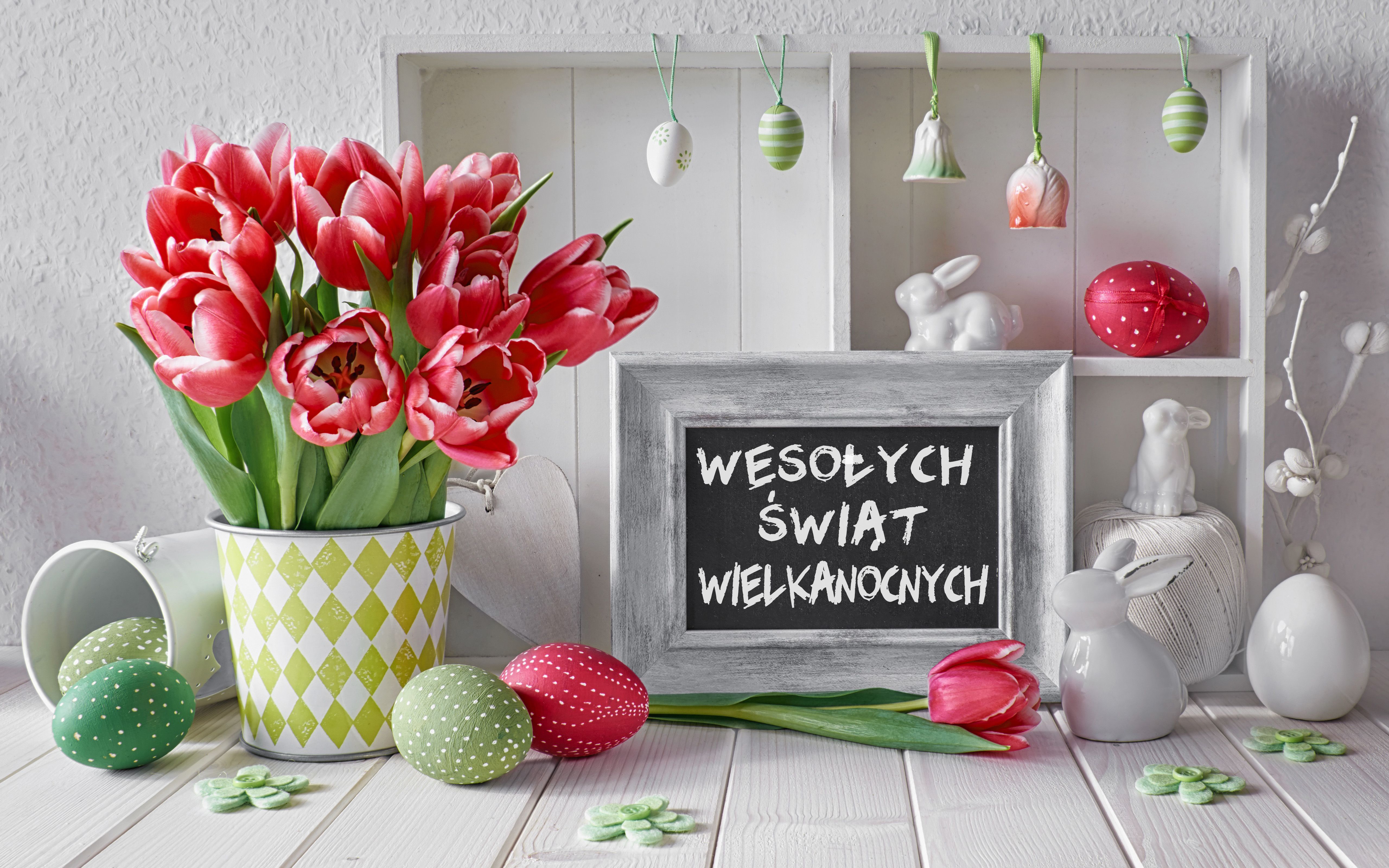 Wielkanoc 754 Kwiaty, Tulipany, Pisanki, Jajka, Tabliczka, Zyczenia, Wesolych Swiat Wielkanocnych