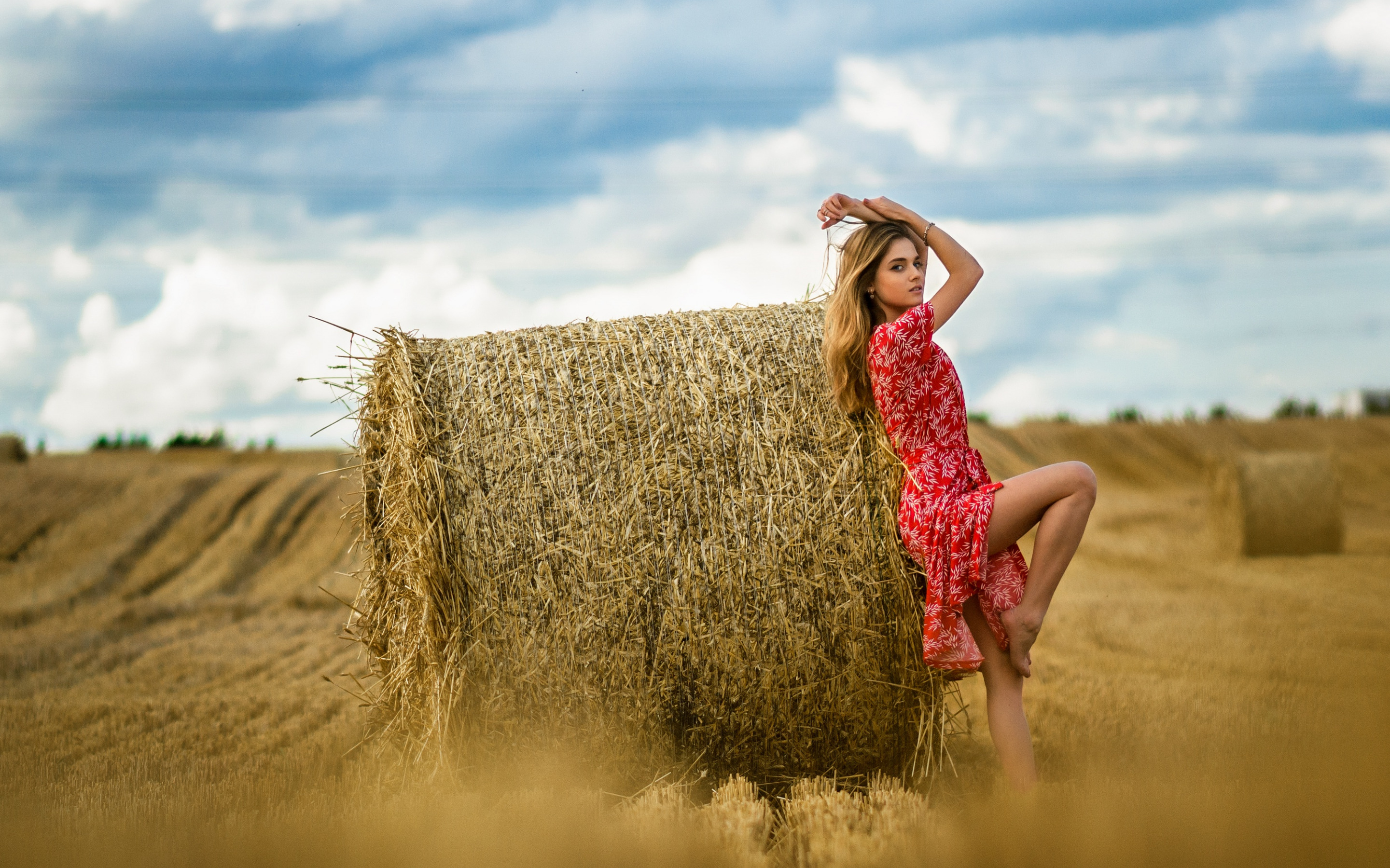 Kobieta, Girl 1861 Blondynka, Lato, Czerwona Sukienka, Pole, Zniwa