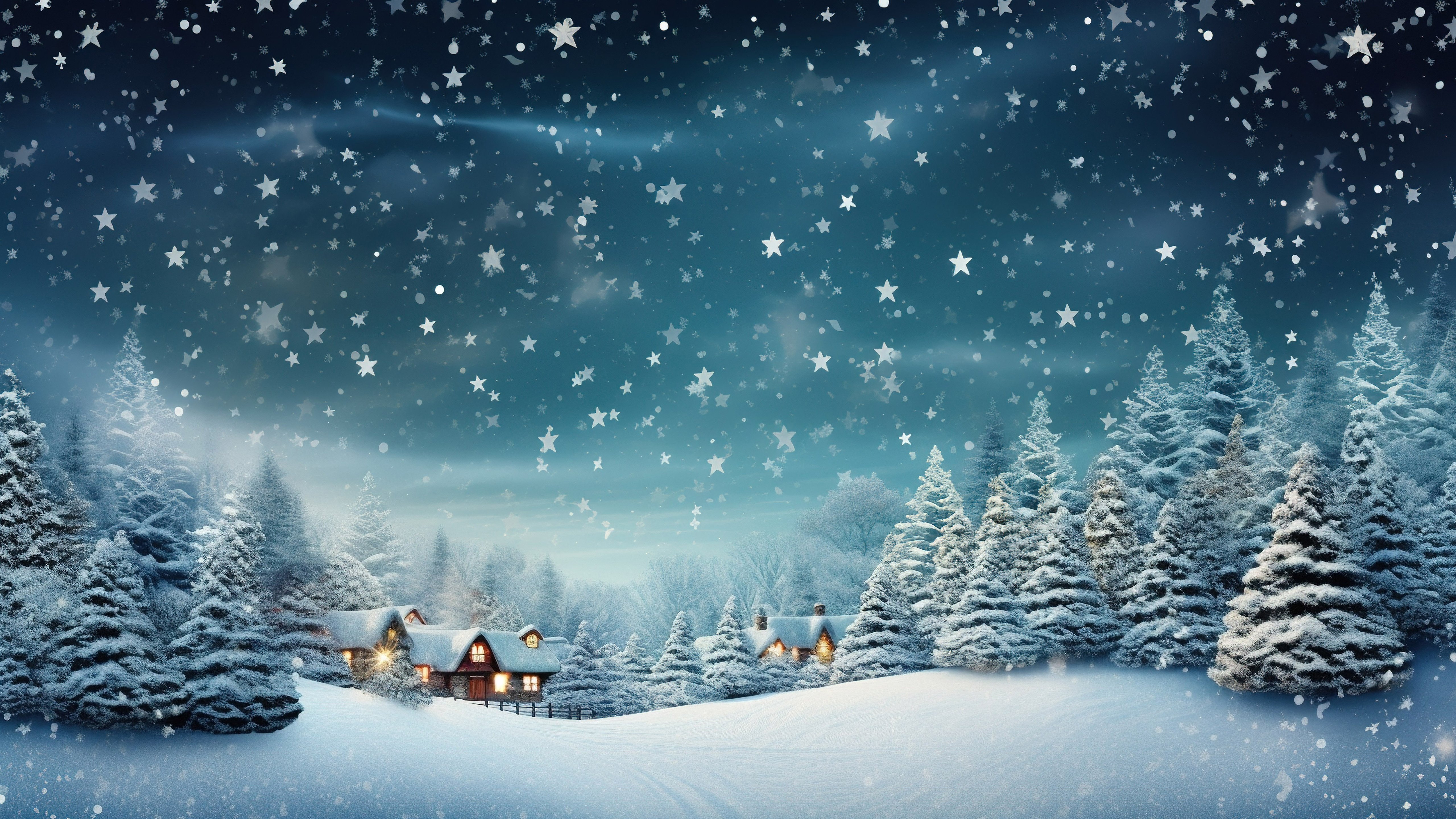 Zima, Winter 263 Choinki, Drzewa, Snieg, Domy, Gwiazdy, Niebo