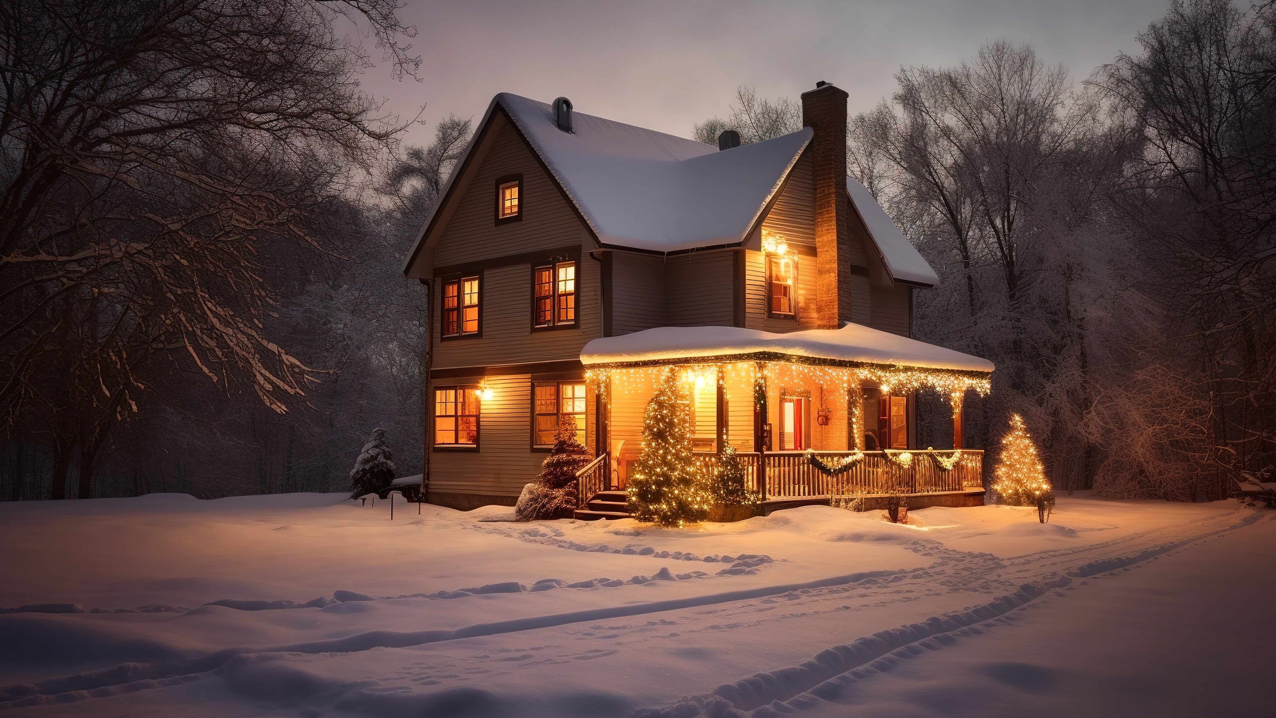 Zima, Winter 269 Dom, Snieg, Drzewa, Swiatla, Noc