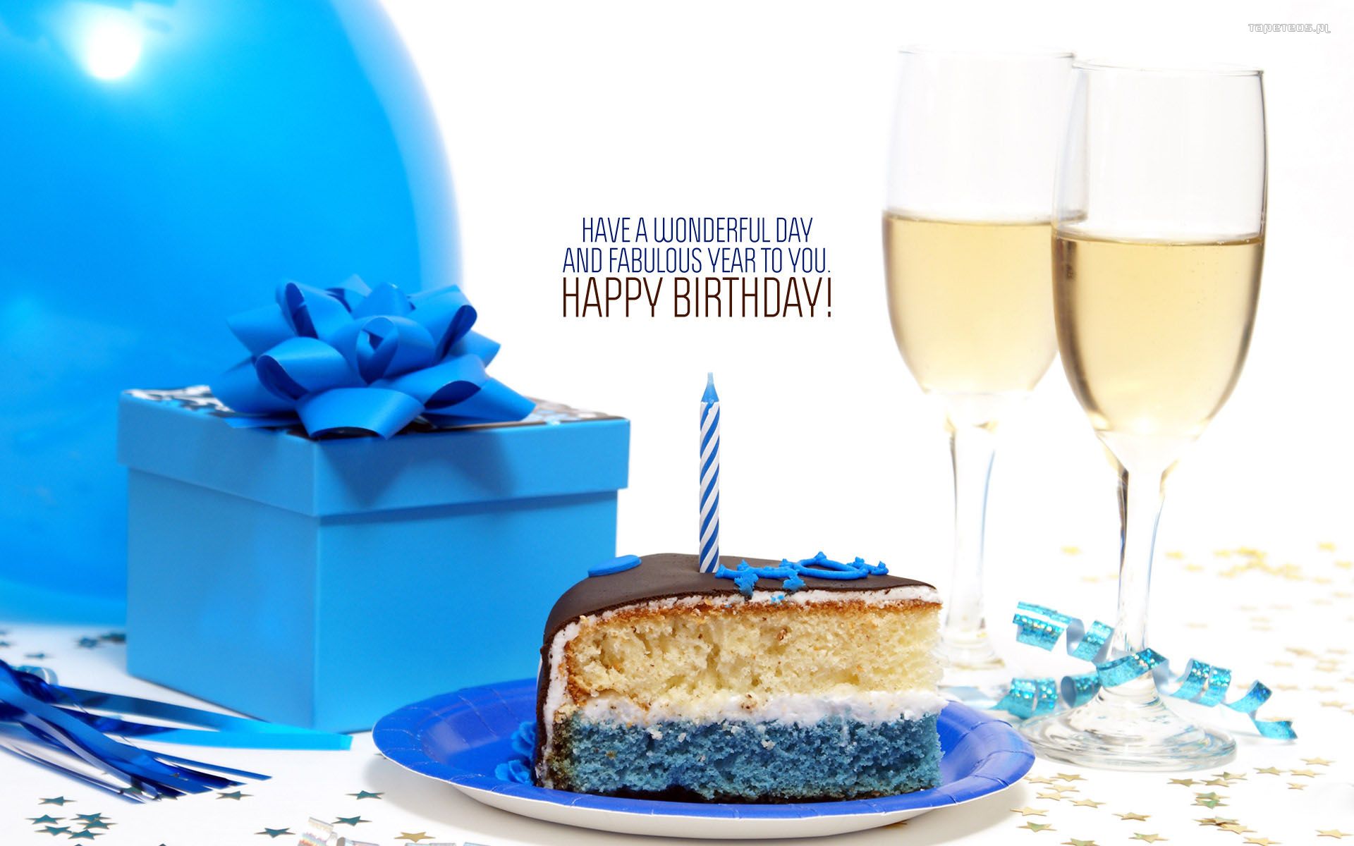 Urodziny, Happy Birthday 049 Torcik, Swieczka, Kieliszki, Prezent, Balon