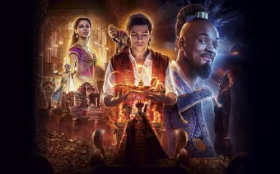 Aladyn (2019) Aladdin 020 Naomi Scott jako Jasmine, Mena Massoud jako Aladyn, Will Smith jako Dzin i Marynarz, Marwan Kenzari jako Jafar