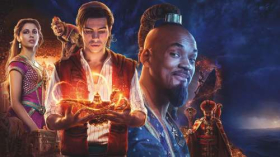 Aladyn (2019) Aladdin 022 Naomi Scott jako Jasmine, Mena Massoud jako Aladyn, Will Smith jako Dzin i Marynarz, Marwan Kenzari jako Jafar