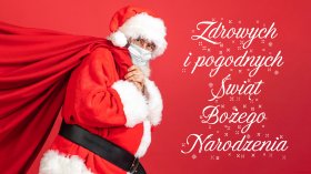 Swieta, Boze Narodzenie, Christmas 2060 Swiety Mikolaj w Maseczce, Worek z prezentami, Zyczenia Swiateczne