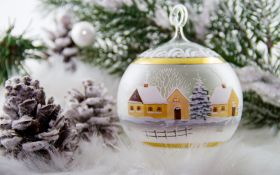Swieta, Boze Narodzenie, Christmas 2110 Zima, Snieg, Szyszki, Swierk, Biala Bombka Dekoracyjna