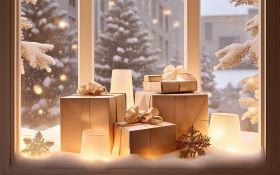 Swieta, Boze Narodzenie, Christmas 2187 Okno, Prezenty, Lampy, Snieg, Choinki