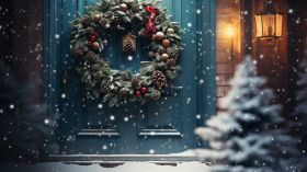 Swieta, Boze Narodzenie, Christmas 2199 Zima, Snieg, Drzwi, Wianek Swiateczny, Dekoracje