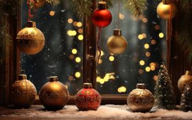 Swieta, Boze Narodzenie, Christmas 2223  Okno, Bombki, Snieg