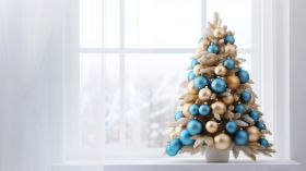 Swieta, Boze Narodzenie, Christmas 2253 Okno, Mala Choinka, Bombki Niebieskie i Zlote