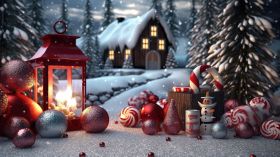 Swieta, Boze Narodzenie, Christmas 2262 Snieg, Dom, Lampion, Choinka, Prezenty