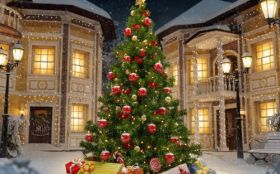 Swieta, Boze Narodzenie, Christmas 2880x1800 063 Choinka, Bombki, Prezenty, Budynki, Snieg