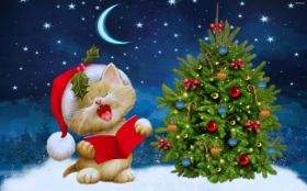 Swieta, Boze Narodzenie, Christmas 3840x2400 006 Kot, Choinka, Ksiezyc, Gwiazdy, Czapka Mikolaja