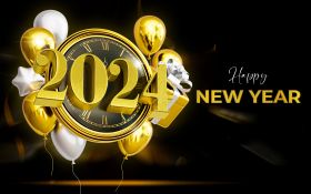Sylwester, Nowy Rok, New Year 1204 Zegar, Balony, Happy New Year 2024, Vector