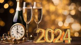 Sylwester, Nowy Rok, New Year 1249 Zegar, Szampan, Kieliszki, Swiatla, 2024 Rok