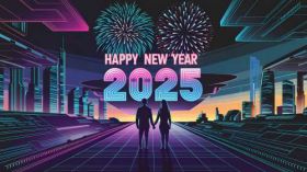 Sylwester, Nowy Rok, New Year 1283 Vector, Futurystyczne Miasto, Mezczyzna i Kobieta, Fajerwerki, 2025 Rok