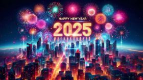 Sylwester, Nowy Rok, New Year 1284 Vector, Futurystyczne Miasto, Fajerwerki, Swiatla, 2025 Rok