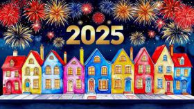 Sylwester, Nowy Rok, New Year 1295 Rysunek, Domy, Budynki, Fajerwerki, 2025 Rok