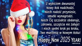 Sylwester, Nowy Rok, New Year 1326 Kobieta, Czapka Mikolaja, Kieliszek Szampana, Zyczenia na Nowy 2025 Rok, Z wybiciem dwunastej ...