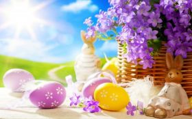 Wielkanoc 3840x2400 007 Koszyk, Pisanki, Kwiaty, Zajaczki