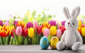 Wielkanoc 613 Zajaczek, Tulipany, Pisanki
