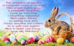 Wielkanoc 743 Zajac, Koszyczek, Pisanki, Zyczenia Wielkanocne, Moc prezentow od zajaczka ...