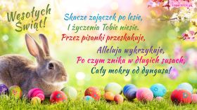 Wielkanoc 764 Zajac, Pisanki, Jaja, Zyczenia Wialkanocne, Skacze zajaczek po lesie ...