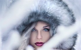 Kobieta, Girl 1842 Twarz, Niebieskie Oczy, Makijaz, Futro, Zima, Snieg