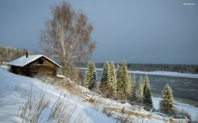 Zima, Winter 223 Drewniany Dom, Rzeka, Snieg, Drzewa