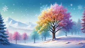 Zima, Winter 272 Kolorowe Drzewa, Snieg, Gory, Niebo