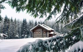 Zima, Winter 5120x3200 009 Dom, Chata, Drzewa, Snieg