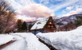 Zima, Winter 5120x3200 011 Japonia, Domy, Gory,  Snieg, Droga, Drzewa