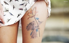 Tatuaze 015 Kwiat, Ptak, Kobieta, Noga, Sukienka
