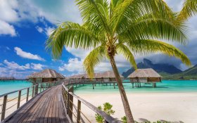 Lato 538 Wyspa Bora Bora, Palmy, Domki, Most, Molo, Morze, Plaza, Tropiki