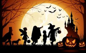 Halloween 5120x3200 001 Zamek, Dynie, Nietoperze