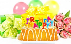 Urodziny, Happy Birthday 047 Tort, Roze, Balony, Prezenty
