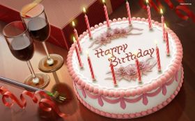 Urodziny, Happy Birthday 060, Tort, Swieczki, Kieliszki, Wino